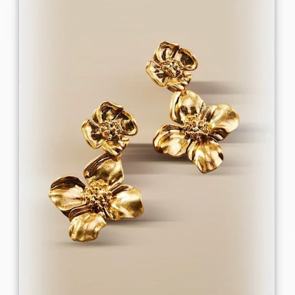 Anthro NEW Oaxaca Double Floral Gold Drop Earrings